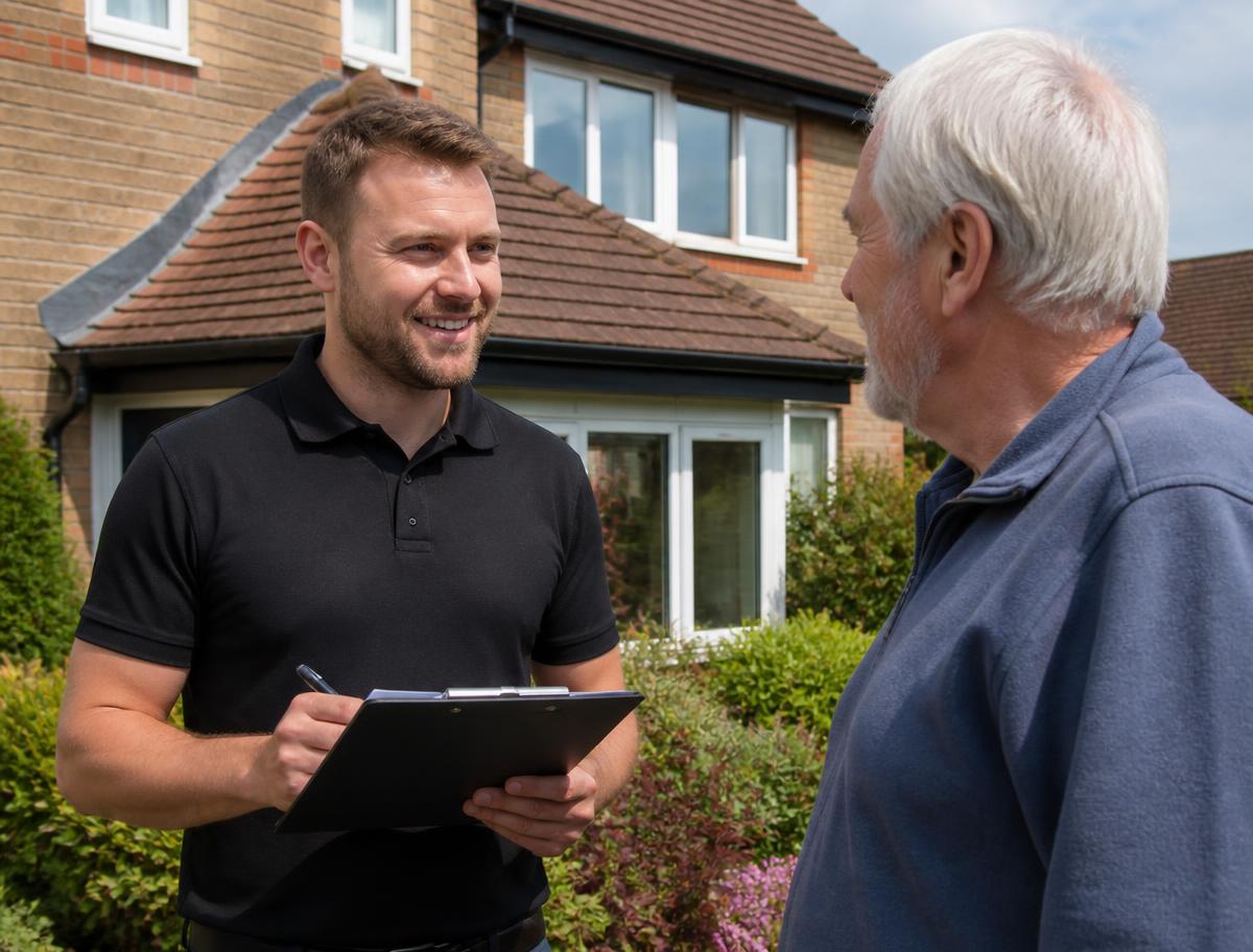 Company representative with a clipboard discussing roofing work with a homeowner outside their house